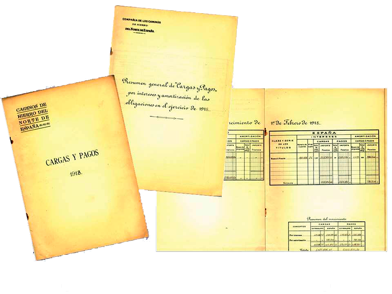 Resumen general de 'cargas y pagos' por intereses y amortizacin de las obligaciones de la Compaa del Norte. Ao 1918. Sign. W-0043-003/1