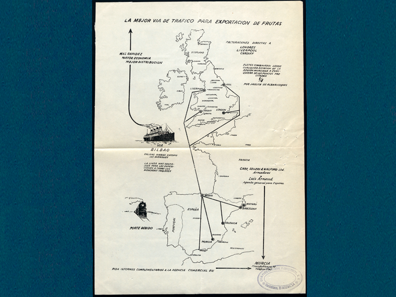Mapa con la mejor va de trfico para exportacin de frutas de Espaa a Inglaterra. Ao 1932. Sign. D-0758-013